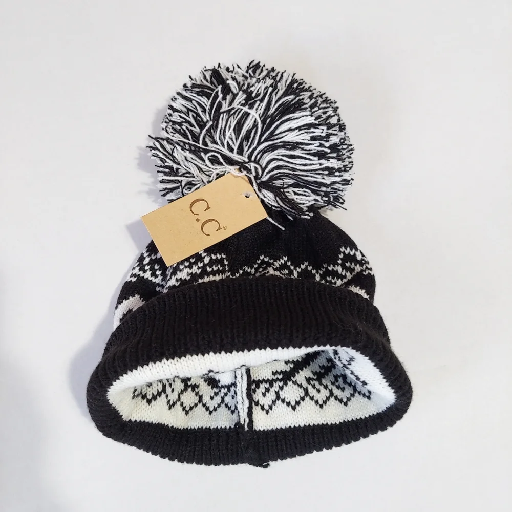 C.C Beanie Women's Fair Isle Knit Winter Hat Black White Geometric Pom Pom NWT